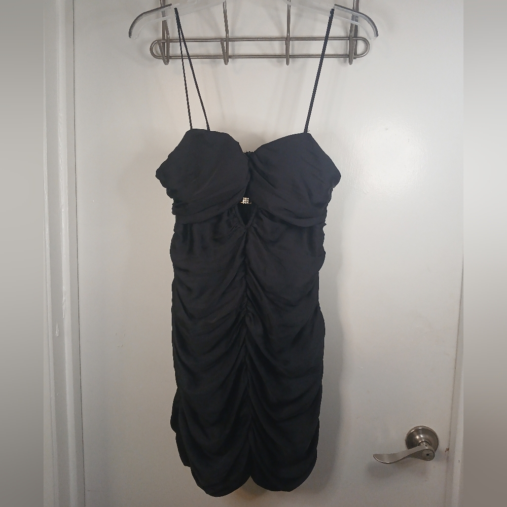 Zara Black Ruched Jeweled Keyhole Spaghetti Strap Mini Dress L